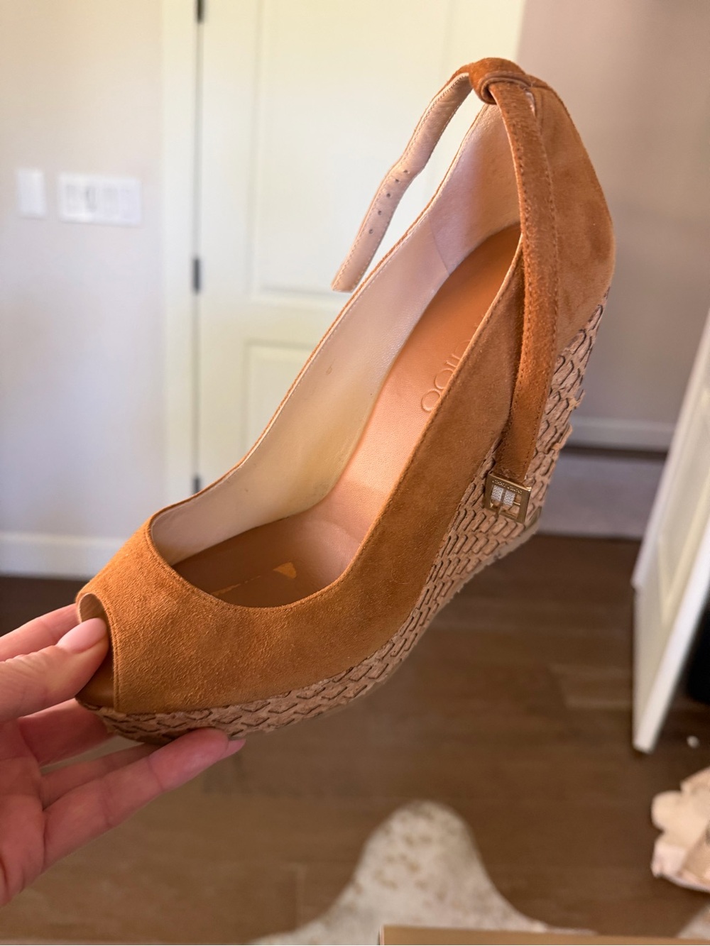 Jimmy Choo Cognac Suede Peep-Toe Espadrille Wedge Sandals